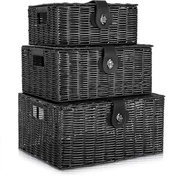 Set of 3 Woven Storage Basket Box Wicker Hamper Stackable Bin with Lid & Lock